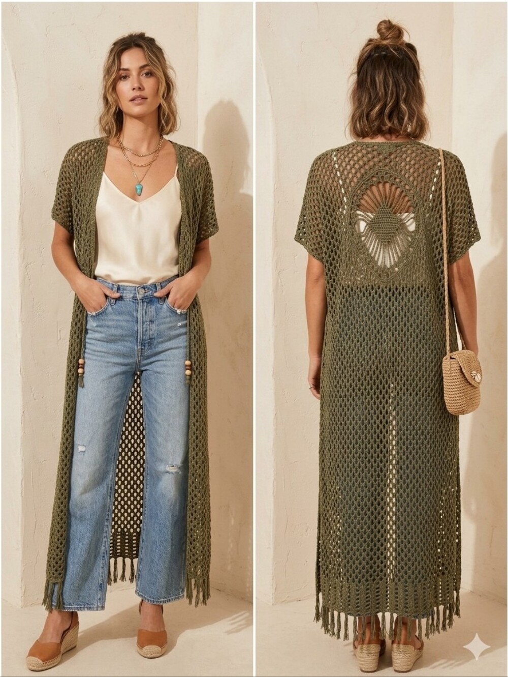 Indigo Thread Co Boho Festival Crochet Fringe Duster Vest Cardigan Olive Green L